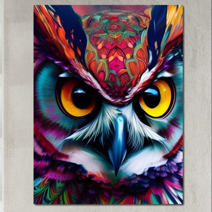 tablou canvas cu o bufnita tribala in culori vibrante redate in stil abstract