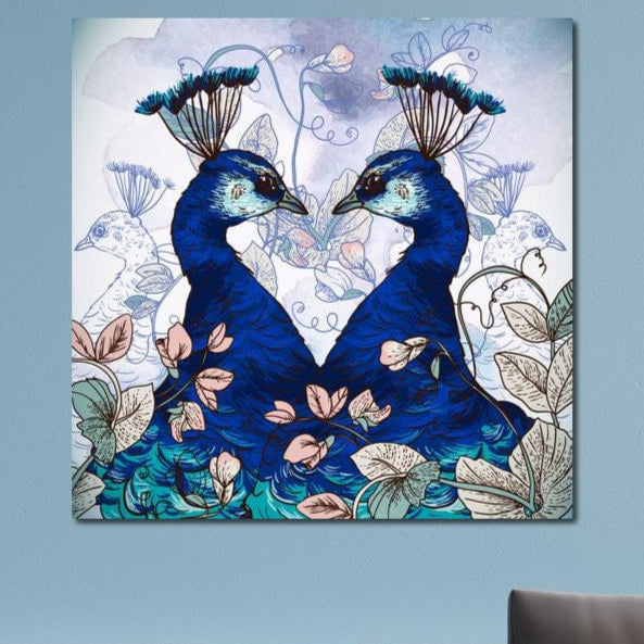 tablou canvas cu doi pauni surprinsi simetric intr-un design floral si colorat in oglinda