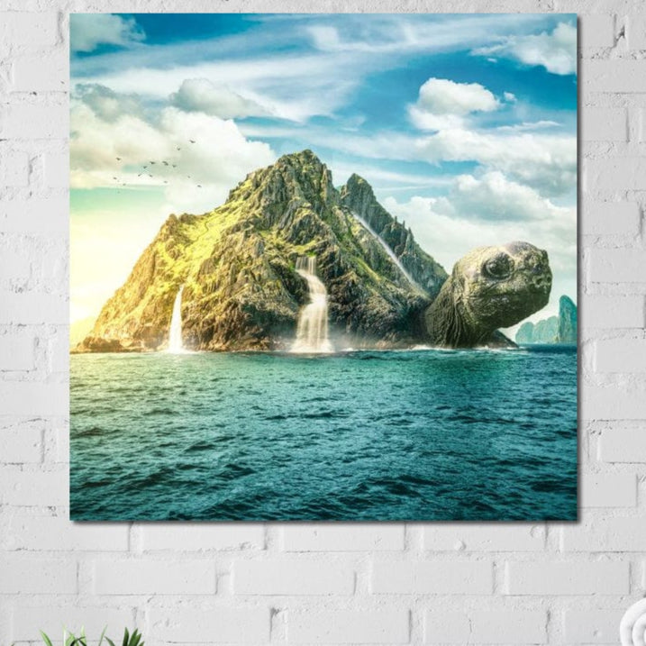 tablou canvas cu o insula sub forma unei testoase, langa un ocean sub cer senin cu un stol de pasari in zbor