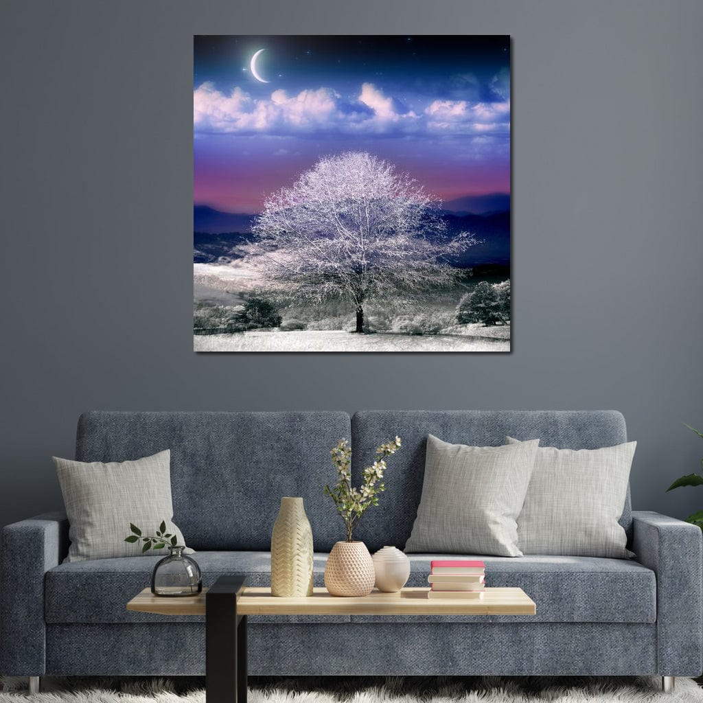 Tablou Canvas Premium LuxCanva® D1029, Scena de Iarna Fantasmica , Semiluna, Nori, Copac, Ramuri, Inghet, Living Room, Culori vibrante