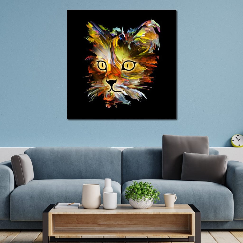 tablou canvas cu un cap de pisica redat in tuse abstracte si vibrante de culoare, pe fundal negru