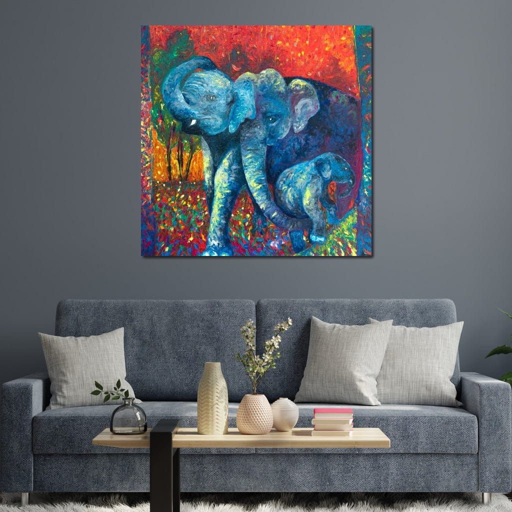 Tablou Canvas Premium, LuxCanva® M1309, Povesti din Jungla , Multicolor, Expresionism, Elefanti, Natura, Jungla, Tropical, Savana, Caldura, Contrast, Birou, Living, Camera Copil