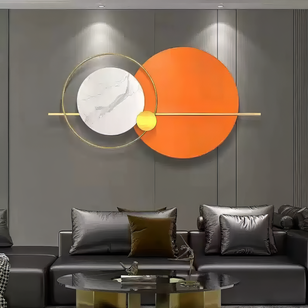 Decoratiune Metalica de Perete LuxCanva® Solar Harmony A2259, din Metal, Orizontala, Portocaliu, Alb, Auriu, Dimensiune Mare 110 x 60 cm