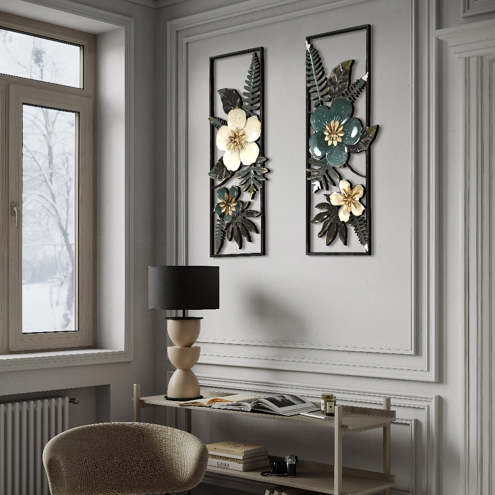 Set 2 Decoratiuni Metalice de Perete LuxCanva® Elisian Garden A2095, din Metal, Verticale, Verde, Alb, Auriu, Dimensiune Mare 31 × 89 cm