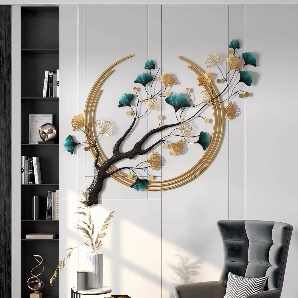 Decoratiune Metalica de Perete LuxCanva® Aurora Branch A0899, din Metal, Orizontala, Auriu, Verde, Negru, Dimensiune Mare 60 × 110 cm