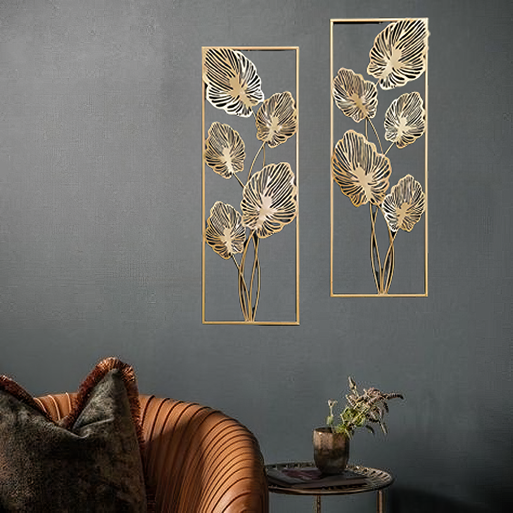 Set 2 Decoratiuni Metalice de Perete LuxCanva® Eden Leaf Frame A2002, din Metal, Verticale, Auriu, Dimensiune Mare 31 × 85 x 3.5 cm