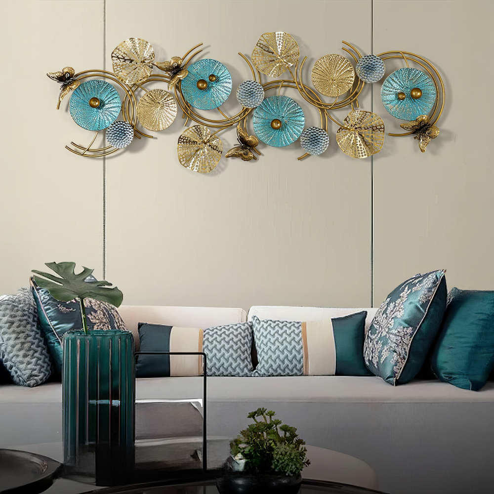 Decoratiune Metalica de Perete LuxCanva® Azure Symphony A2137, din Metal, Orizontala, Albastru, Auriu, Dimensiune Mare 120 x 47 cm