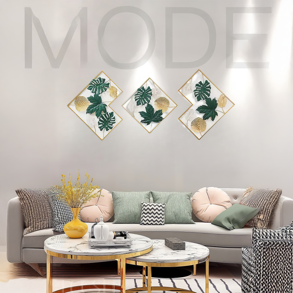 Set 3 Decoratiuni Metalice de Perete LuxCanva® GreenEssence A2307, din Metal, Orizontala, Auriu, Verde, Dimensiune Totala 170 x 71 x 3 cm