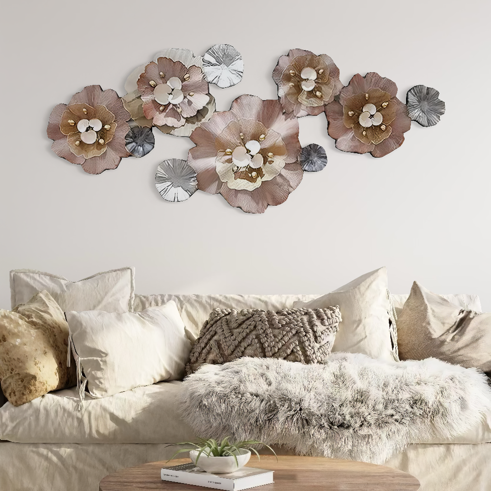 Decoratiune Metalica de Perete LuxCanva® CrystalBloom A2025M Roz, din Metal, Orizontala, Roz, Auriu, Gri, Dimensiune Mare 160 x 64 cm