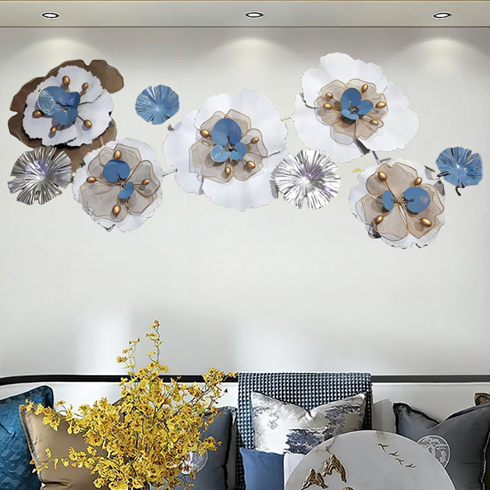 Decoratiune Metalica de Perete LuxCanva® CrystalBloom A2025M Alb, din Metal, Orizontala, Auriu, Alb, Gri, Dimensiune Mare 160 x 64 cm