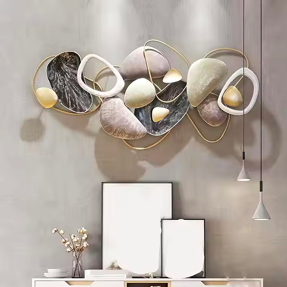 Decoratiune Metalica de Perete LuxCanva® Stone Harmony A2028, din Metal, Orizontal, Negru, Gri, Alb, Auriu, Dimensiune Mare 135 x 64 cm