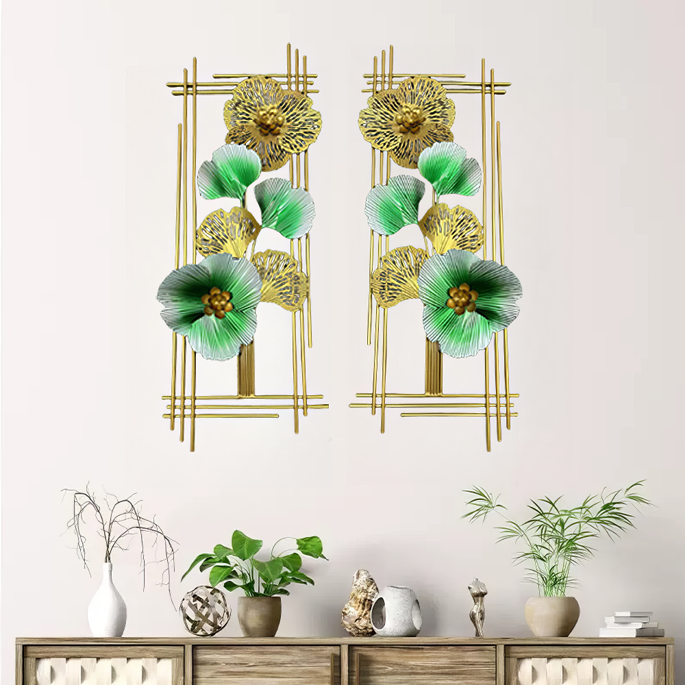 Decoratiune Metalica de Perete LuxCanva® Emerald Bloom A2001, din Metal, Verticala, Auriu, Verde, Dimensiune Mare 85 × 31 cm