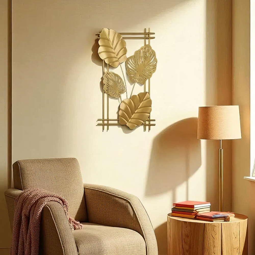 Decoratiune Metalica de Perete LuxCanva® 4Leafs Frame A2931, din Metal, Verticala, Auriu, Dimensiune Mare 30 × 45 × 2 cm