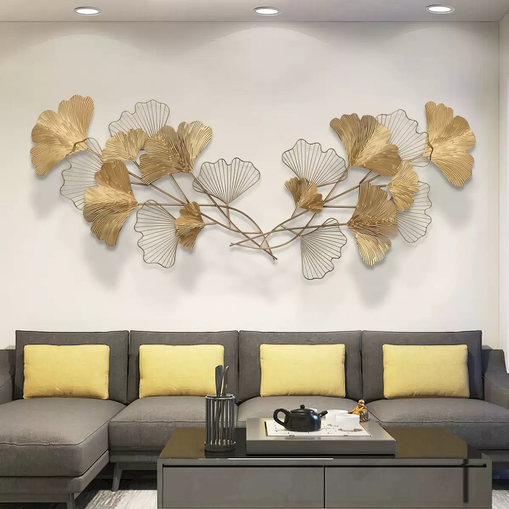 Decoratiune Metalica de Perete LuxCanva® Twin Glow A2024, din Metal, Orizontal, Gold, Dimensiune Mare 200 x 80 cm