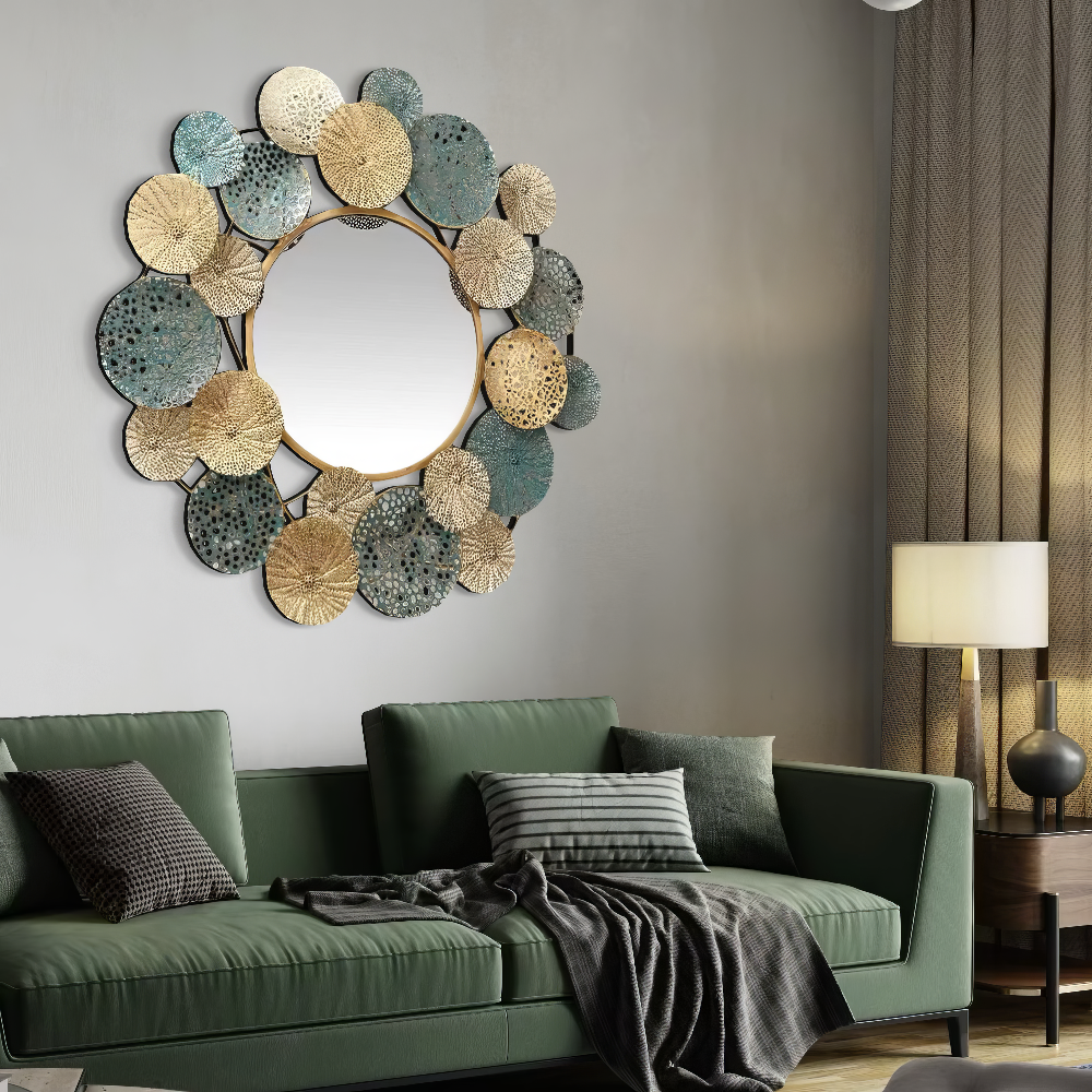 Decoratiune Metalica de Perete LuxCanva® OpalCircles A0921, din Metal, Rotunda, Auriu, Verde, Dimensiune Mare 84 × 73 x 3 cm
