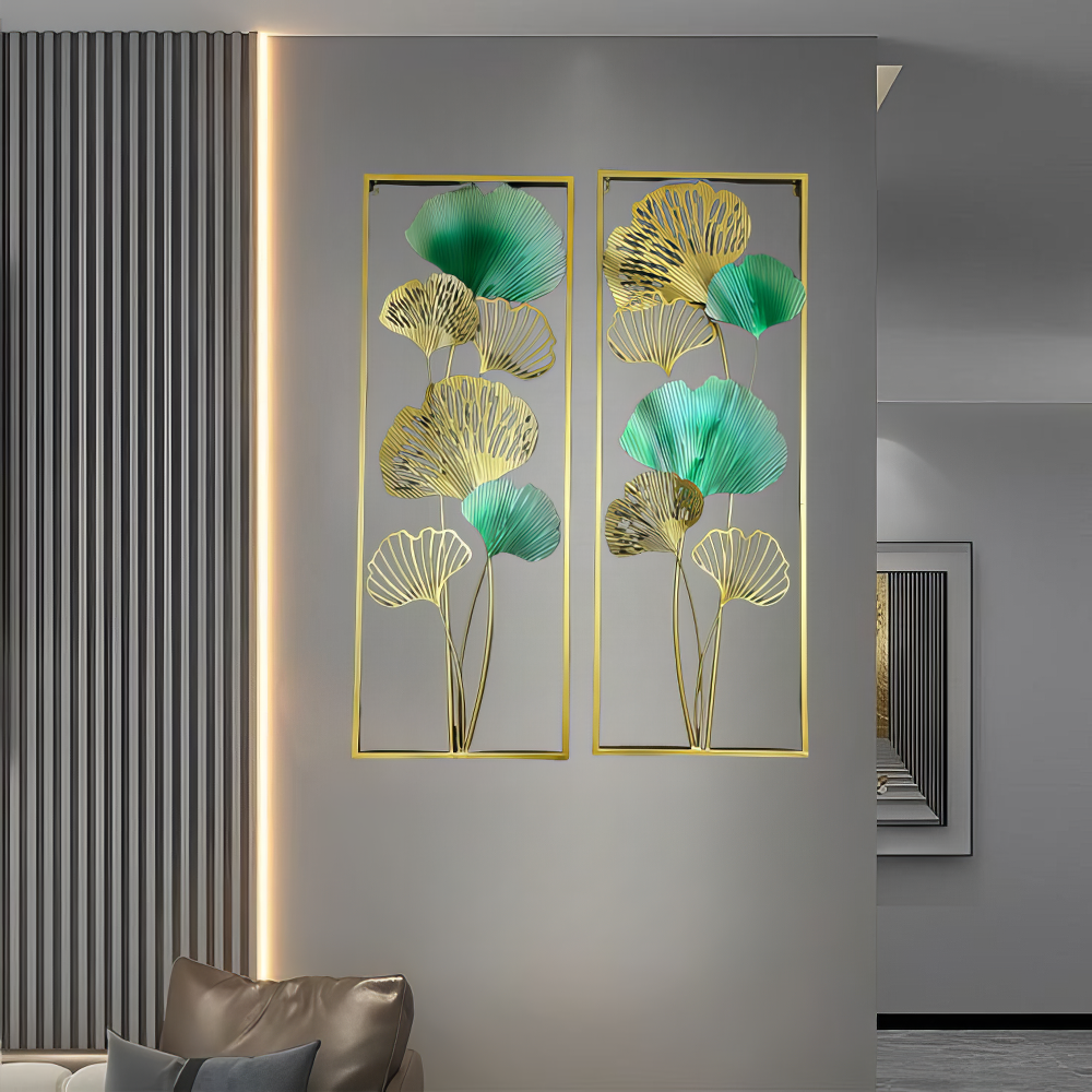 Set 2 Decoratiuni Metalice de Perete LuxCanva® TwinGinkgo A0822, din Metal, Verticale, Auriu, Verde, Dimensiune Mare 85 × 31 cm
