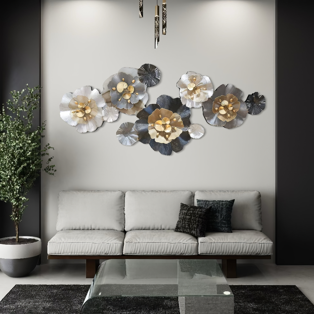 Decoratiune Metalica de Perete LuxCanva® CrystalBloom A2025M Negru, din Metal, Orizontala, Auriu, Alb, Gri, Negru, Dimensiune Mare 160 x 64 cm
