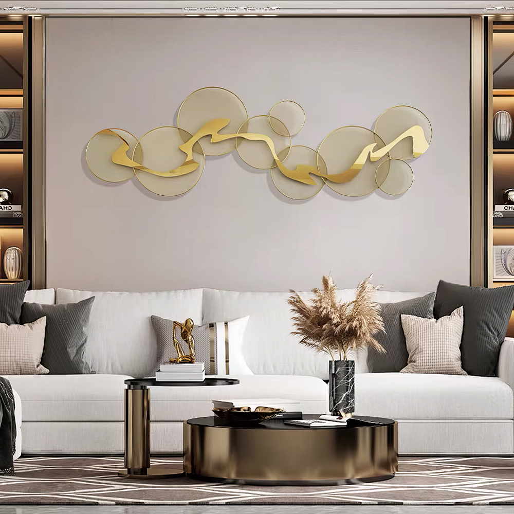Decoratiune Metalica de Perete LuxCanva® Golden Flow A2525, din Metal, Orizontala, Auriu, Dimensiune Mare 180 x 68 cm
