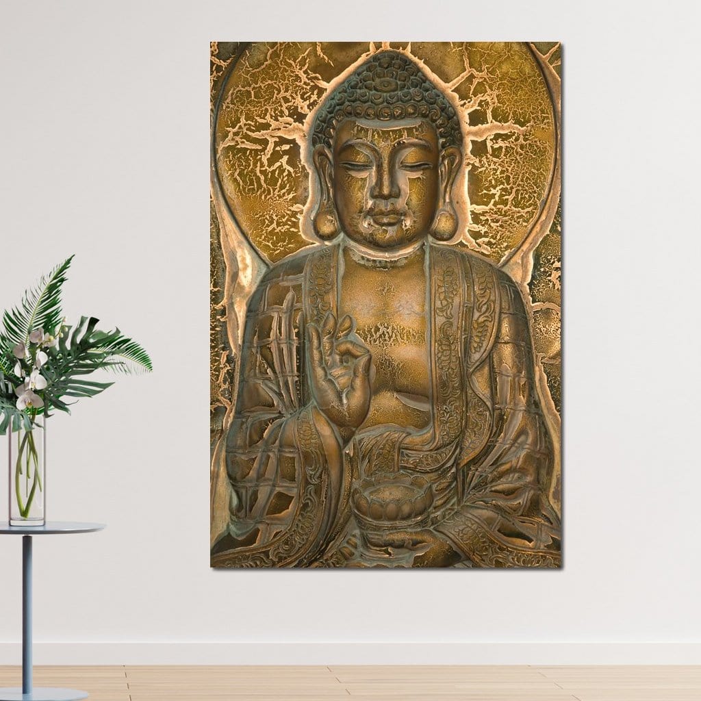 Tablou Canvas Premium LuxCanva® I104, Aur si Intelepciune, Buddha, Aur, Zen, Meditatie, Pace, Liniste, Echilibru, Energie, Spiritualitate, Lotus, Living, Dormitor
