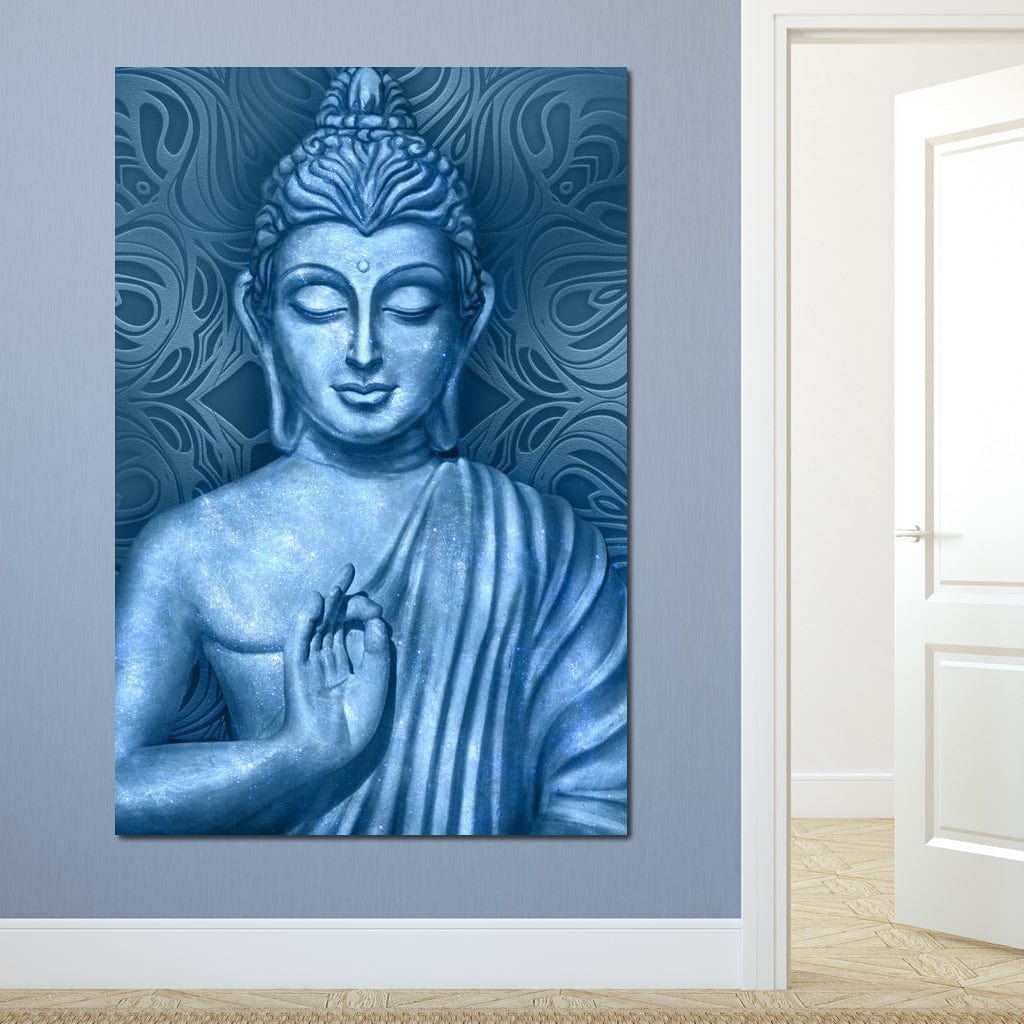 Tablou Canvas Premium LuxCanva® I112, Buddha de Safir, Meditatie, Iluminare, Zen, Pace Interioara, Spiritualitate, Armonie, Relaxare, Albastru, Urna