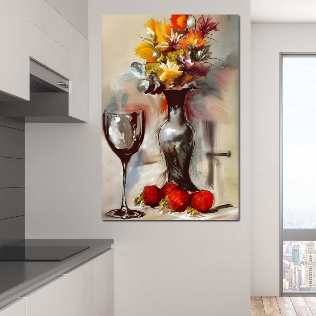 tablou canvas cu o vaza cu flori multicolore, pe o masa cu fructe rosii si un pahar de vin, pictate in stil rustic