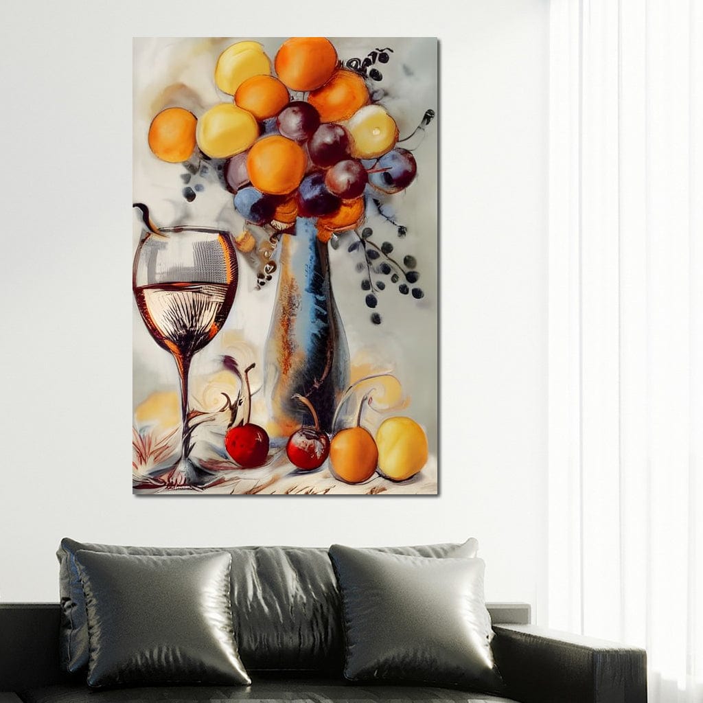 tablou canvas cu un pom fructifer si un pahar de vin, pictat in stil abstract pe fundal deschis
