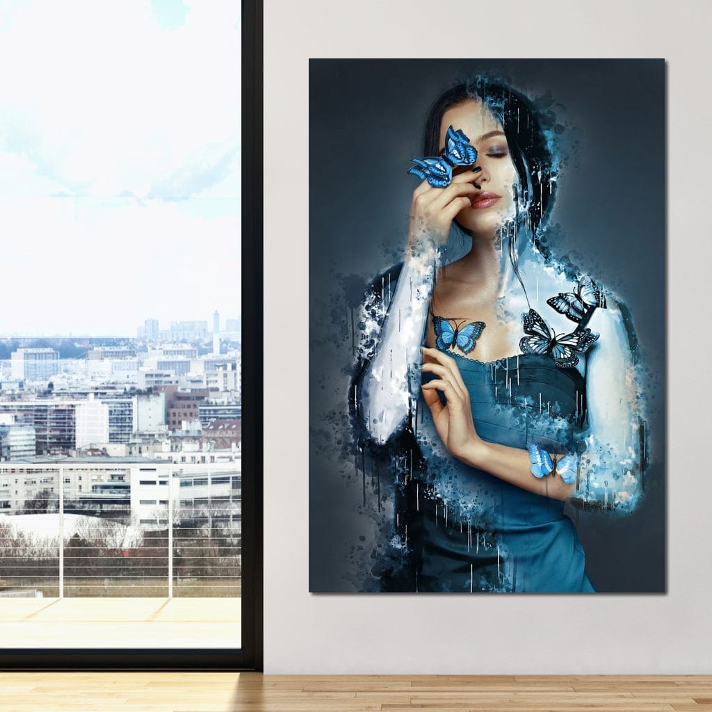 tablou canvas cu o femeie inconjurata de fluturi albastri, intr-o compozitie artistica in nuante reci