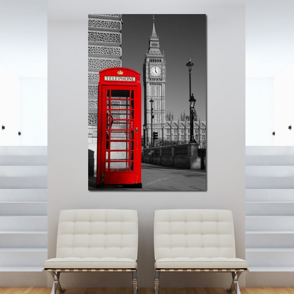 Tablou Canvas Premium, LuxCanva® O1038, Fereastra spre Londra, Britanic, Big Ben, Cabina Telefon, Londra, Capitala, Monarhie, Calatorie, Arhitectura, Traditie, Istorie, Rosu, Birou, Living, Dormitor