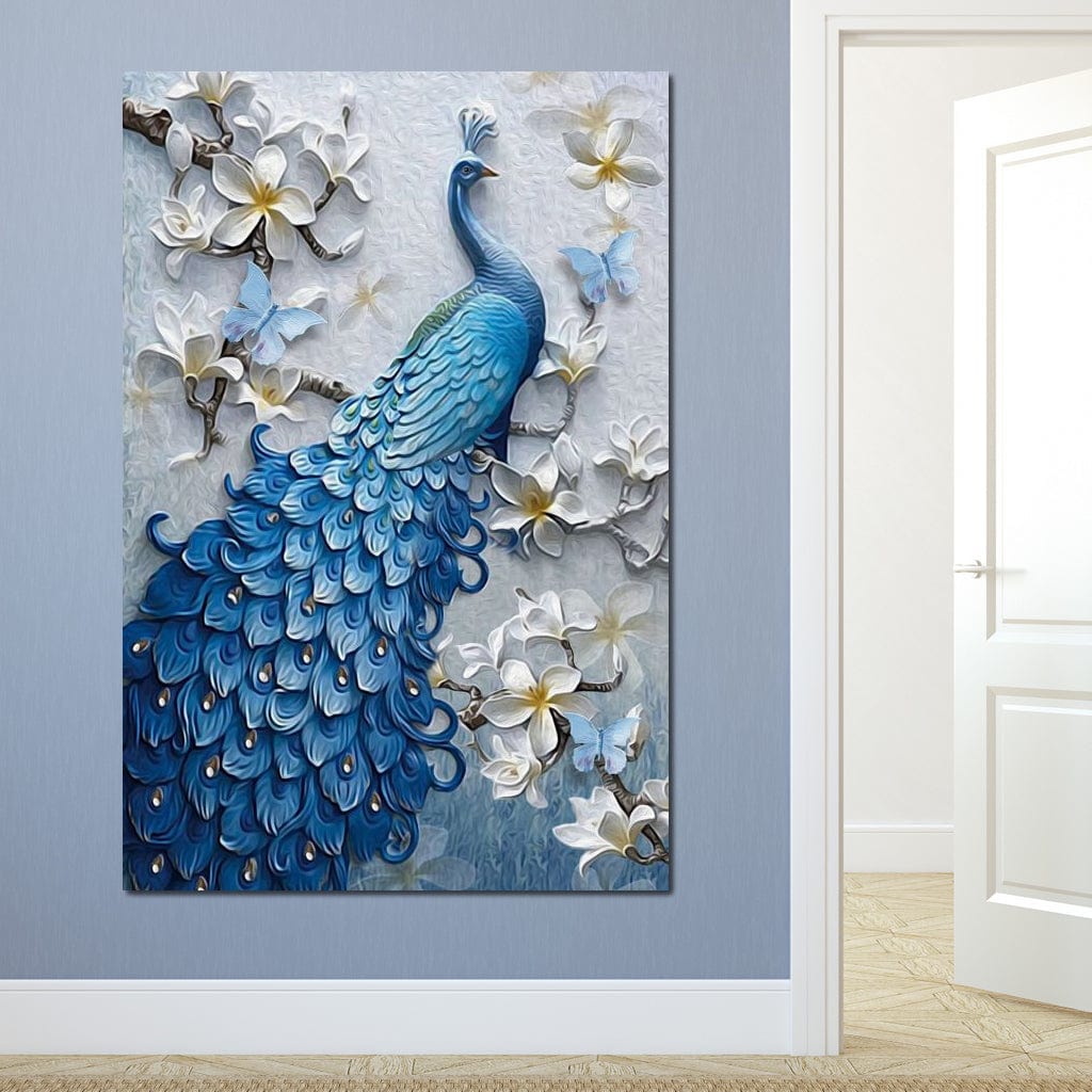 tablou canvas cu un paun albastru printre crengi inflorite, pe fundal deschis