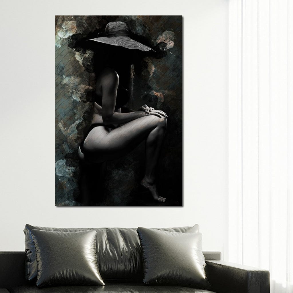 Tablou Canvas Premium LuxCanva® G1017, Sub Palaria Misterului , Palarie, Silueta, Umbra, Dorinta, Senzualitate, Feminitate, Eleganta, Living, Dormitor, Culori vibrante