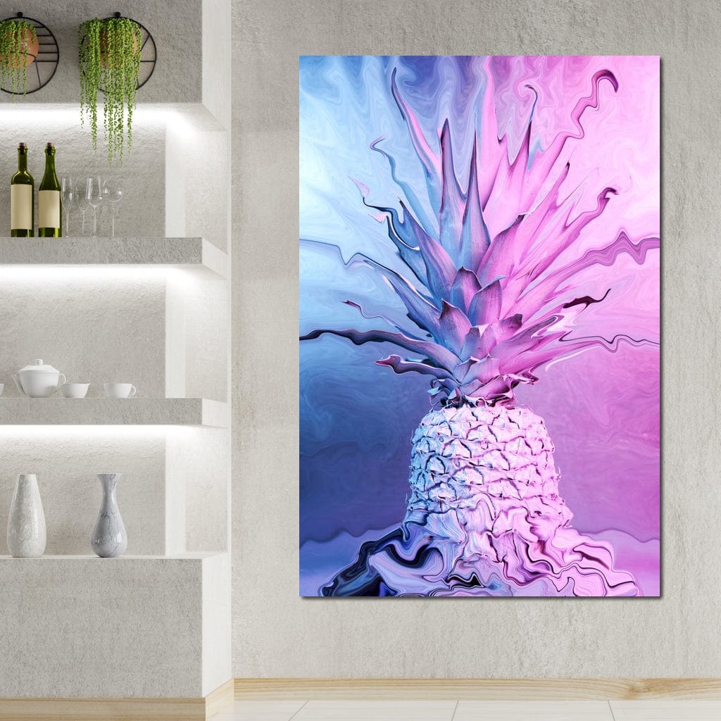 tablou canvas cu un ananas pictat in stil psihedelic, in nuante vibrante de roz si albastru neon