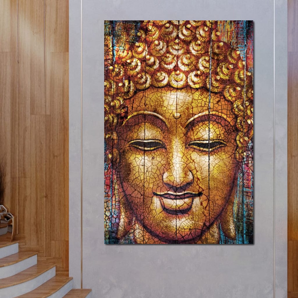 Tablou Canvas Premium LuxCanva® I107, Zambetul Tacerii, Buddha, Zambet, Liniste, Aur, Spiritualitate, Armonie, Energie Interioara, Meditatie, Seninatate, Living, Dormitor