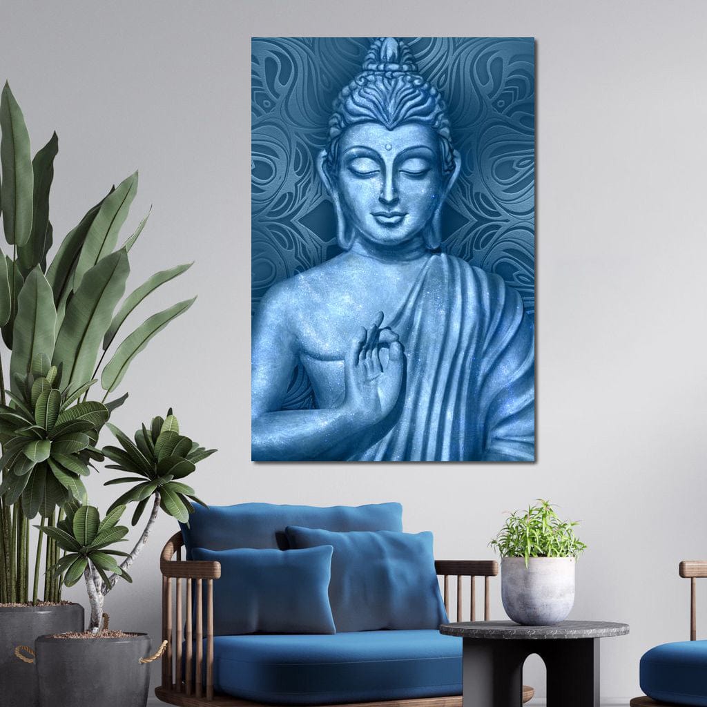 Tablou Canvas Premium LuxCanva® I112, Buddha de Safir, Meditatie, Iluminare, Zen, Pace Interioara, Spiritualitate, Armonie, Relaxare, Albastru, Urna