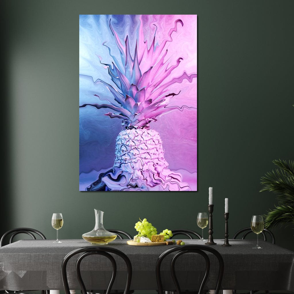 tablou canvas cu un ananas pictat in stil psihedelic, in nuante vibrante de roz si albastru neon