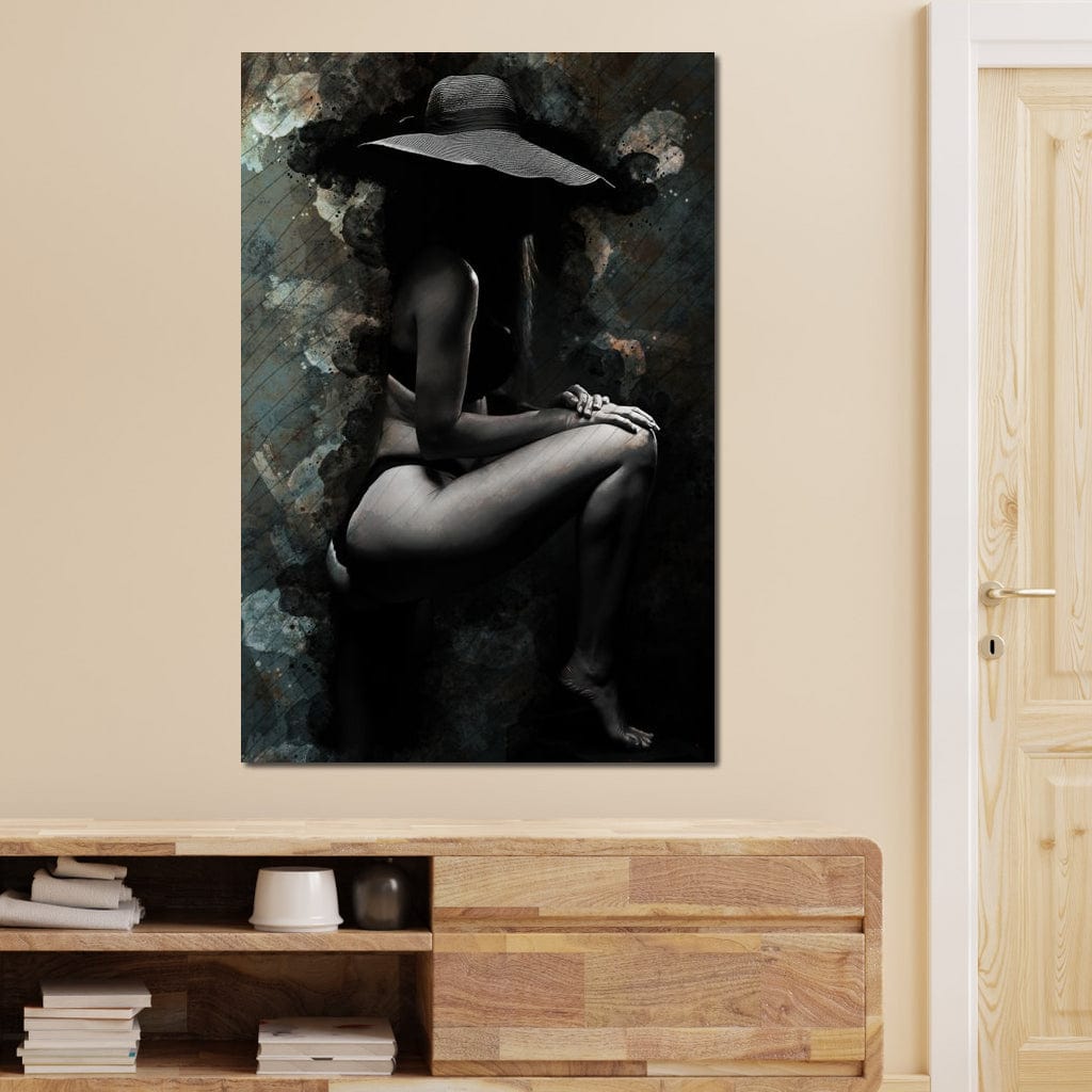 Tablou Canvas Premium LuxCanva® G1017, Sub Palaria Misterului , Palarie, Silueta, Umbra, Dorinta, Senzualitate, Feminitate, Eleganta, Living, Dormitor, Culori vibrante