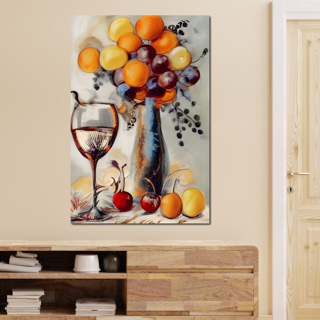 tablou canvas cu un pom fructifer si un pahar de vin, pictat in stil abstract pe fundal deschis