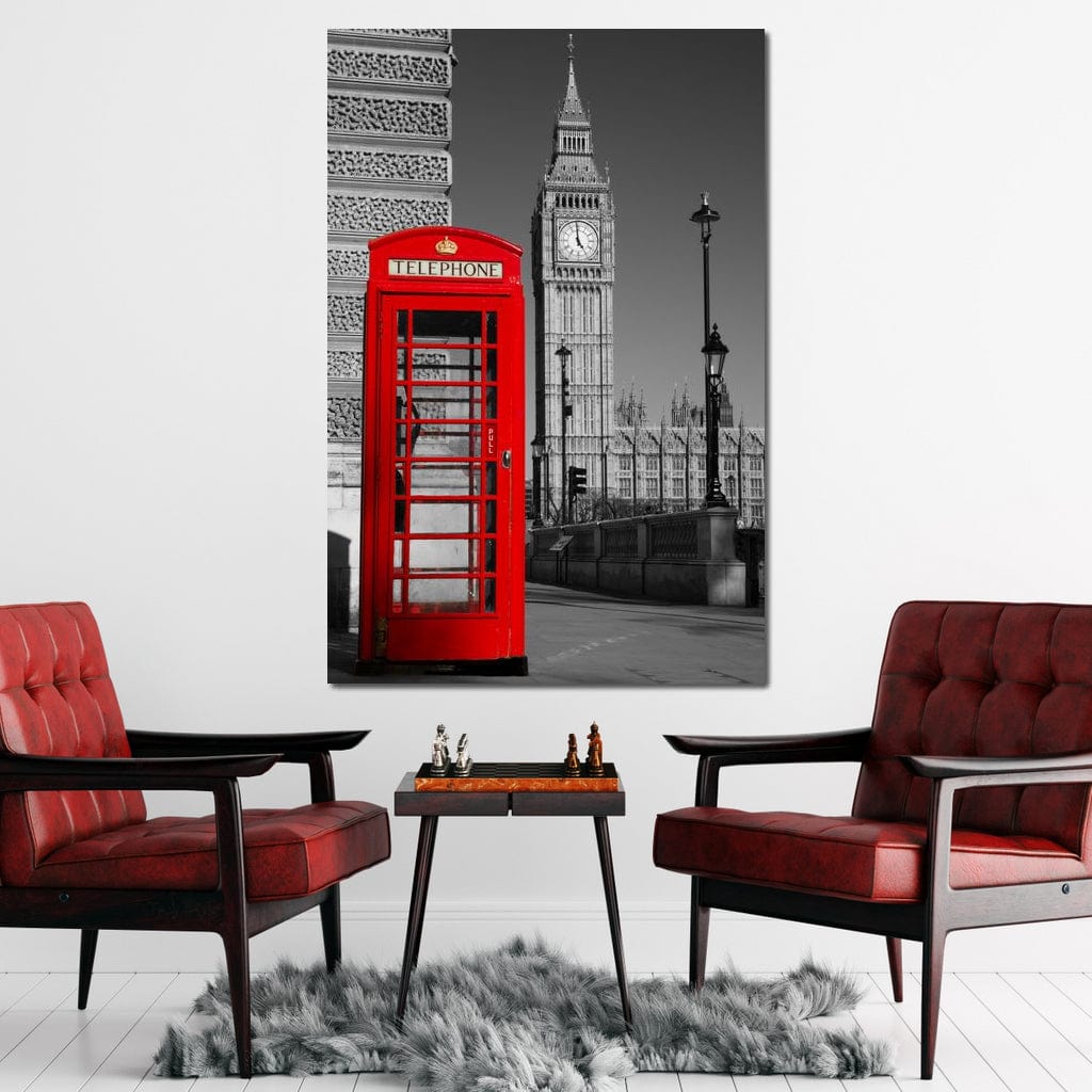 Tablou Canvas Premium, LuxCanva® O1038, Fereastra spre Londra, Britanic, Big Ben, Cabina Telefon, Londra, Capitala, Monarhie, Calatorie, Arhitectura, Traditie, Istorie, Rosu, Birou, Living, Dormitor