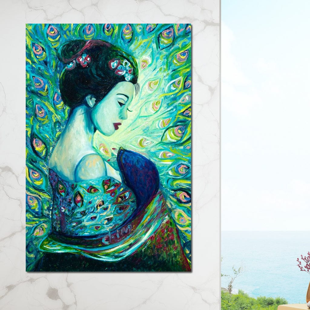 tablou canvas cu o femeie cu umarul gol, surprinsa din profil, pe fundal abstract verde cu design format din pene de paun