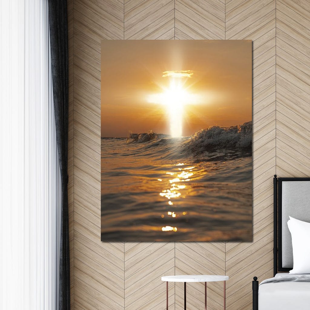 Tablou Canvas Premium LuxCanva® H1019 Lumina Sfanta pe Ape , Apus, Cruce, Spritual, Valuri, Pace, Suflet, Ocean, Credinta, Speranta, Living, Dormitor