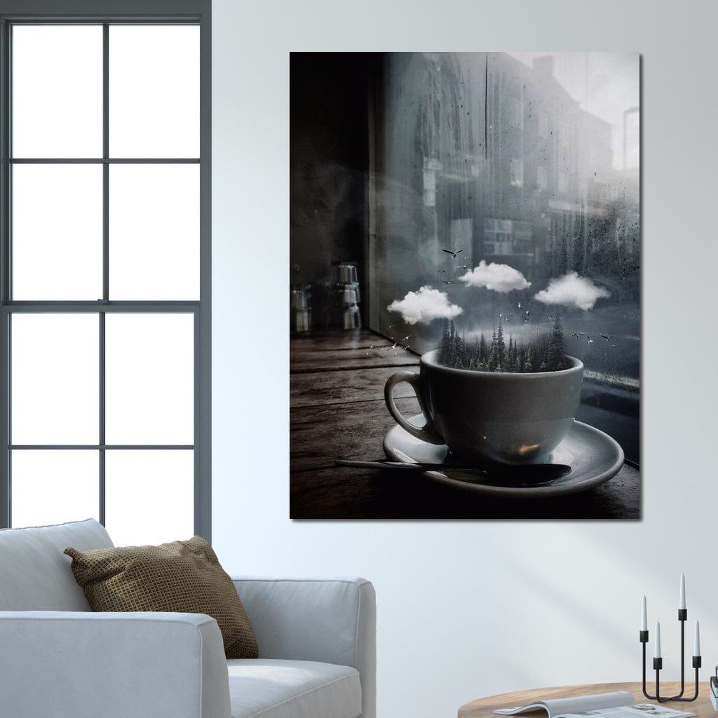 tablou canvas cu o ceasca cu copaci inalti, nori albi si pasari in zbor, la fereastra unei taverne 