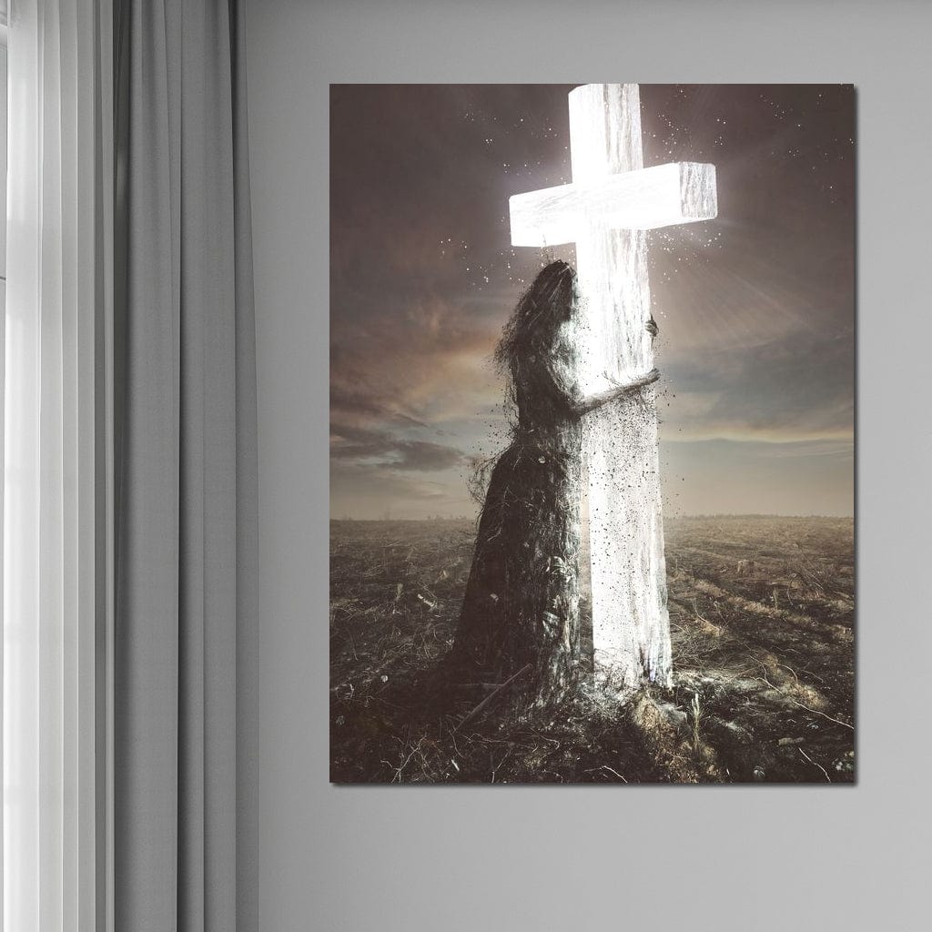 Tablou Canvas Premium LuxCanva® H1013, Imbratisarea Divinitatii , Cruce, Lumina, Mangaiere, Imbratisare, Salvare, Iubire, Putere, Living, Dormitor