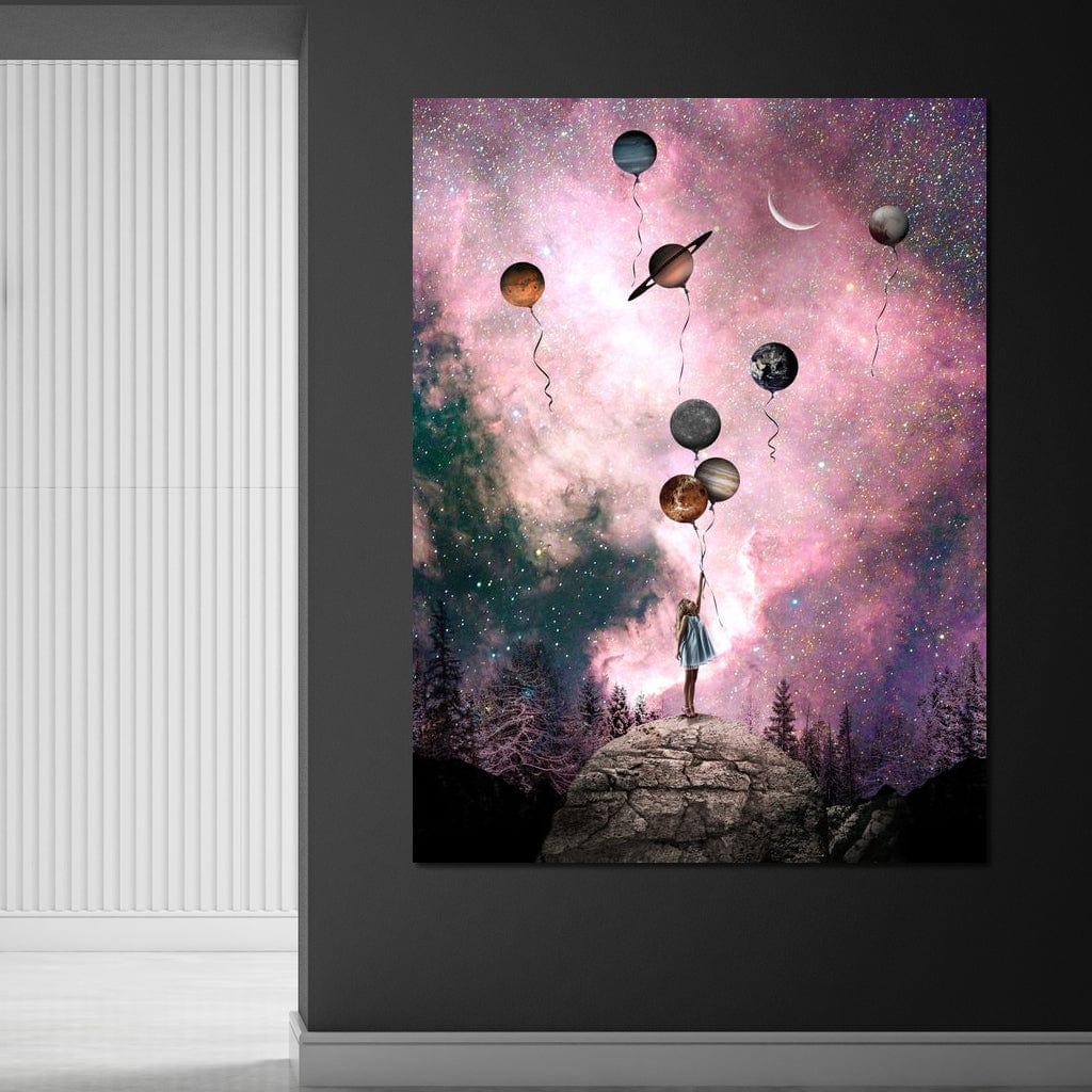 Tablou Canvas Premium, LuxCanva® K1017, Fetita si Planetele,  Univers, Maini, Intinse, Planete, Cosmic, Stele, Ganduri, Dorinte, Emotie, Curaj, Sistem, Solar, Galaxii, Pastel, Camera Copii
