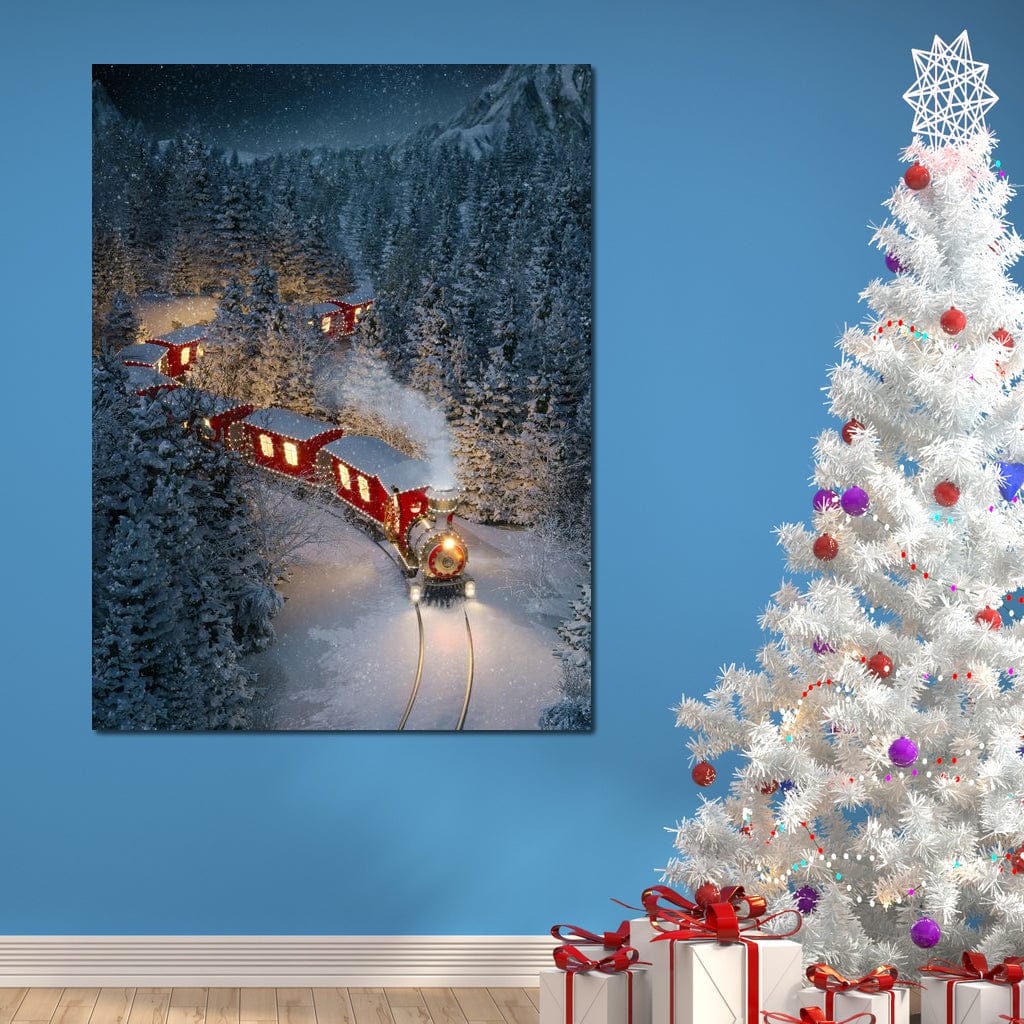 Tablou Canvas Premium LuxCanva® D1000, Trenul lui Mos Craciun , Relaxare, Craciun, Cadouri, Rosu, Zapada, Camera Copii, Culori Vibrante