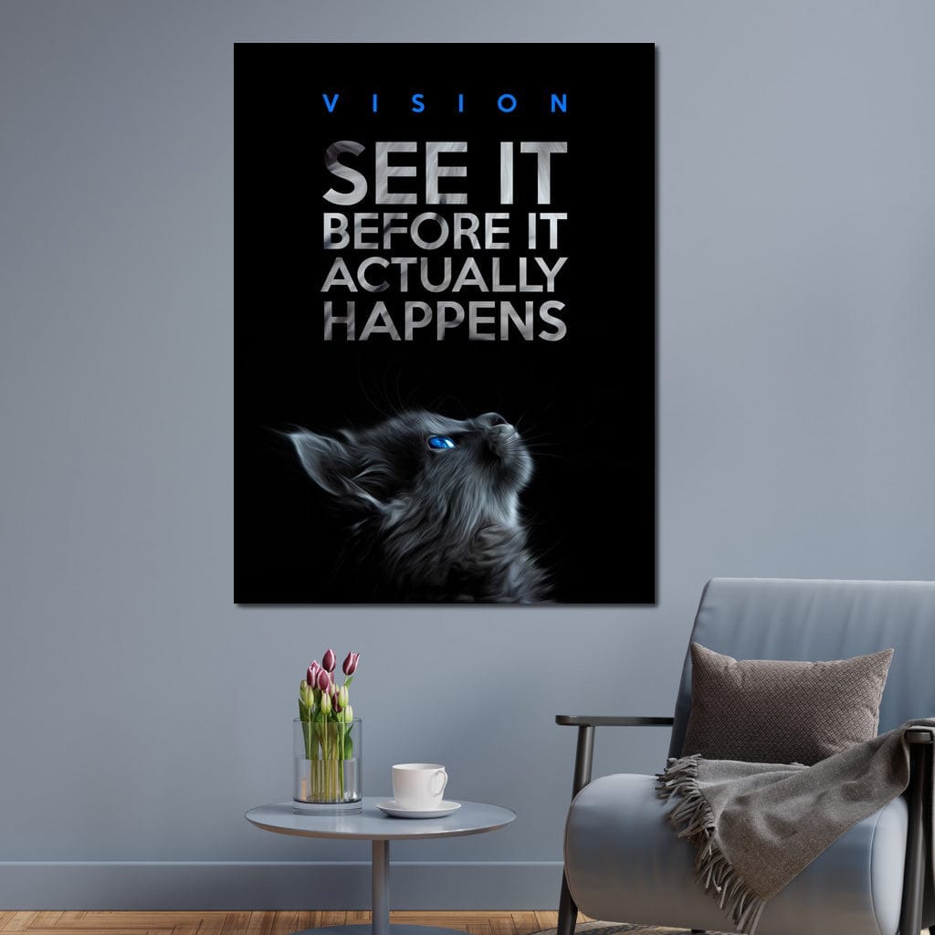 tablou canvas cu o pisica cu ochi albastri privind un mesaj motivational, pe fundal negru