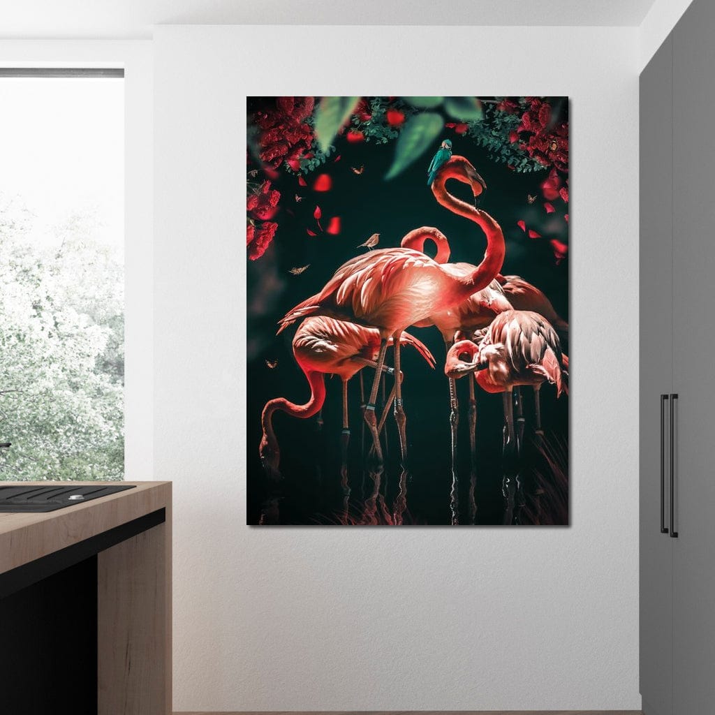 tablou canvas cu flamingo roz intr-o padure exotica, alaturi de fluturi si pasari
