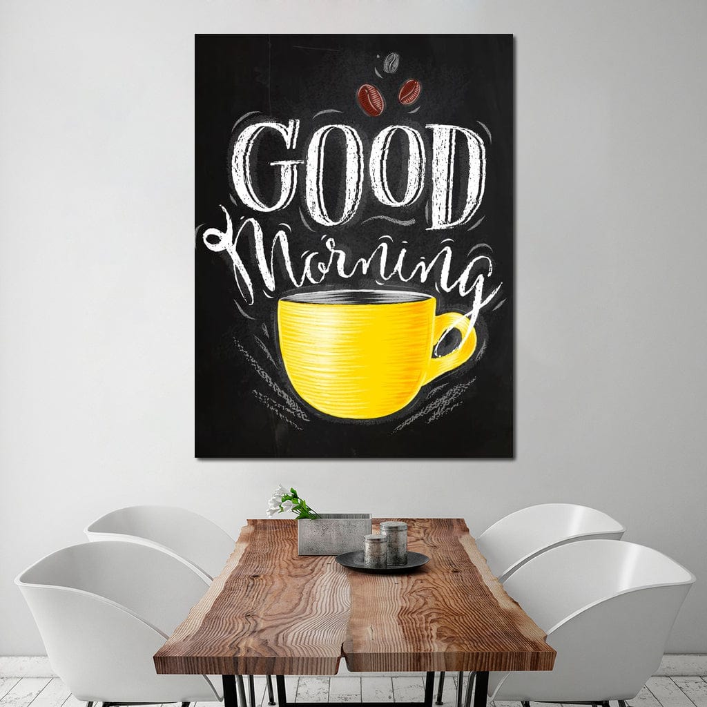 tablou canvas cu o ceasca de cafea galbena, un mesaj text alb pe fundal negru