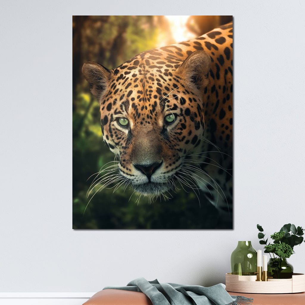 tablou canvas cu un portret realist de leopard in umbra, pe fundal luminos cu vegetatie de jungla
