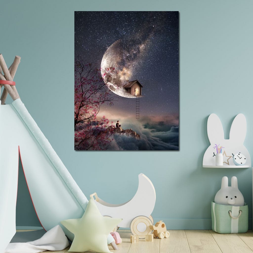 Tablou Canvas Premium, LuxCanva® K1016, Casa de pe Luna, Astru, Noapte, Instelata, Scari, Cer, Stele, Vise, Nocturn, Peisaj, Poveste, Cosmos, Magie, Taram, Senin, Camera Copii