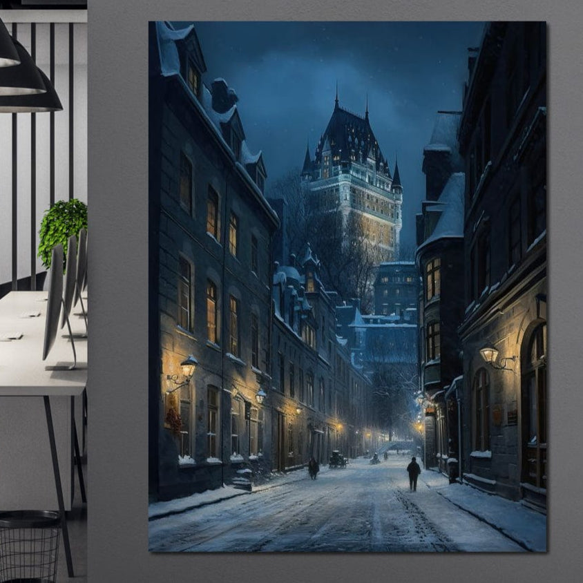 Tablou Canvas Premium, LuxCanva® O1017, Strazi sub Ninsoare, Magie, Iarna, Oras, Noapte, Frig, Zapada, Palat, Plimbare, Nordic, Romantism, Felinare, Quebec, Poveste, Birou, Living, Dormitor