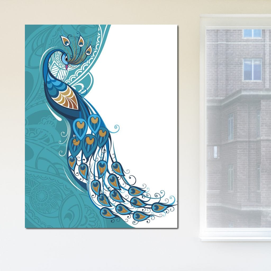 tablou canvas cu un paun albastru realizat in design abstract, pe fundal deschis in nuante de turcoaz si alb